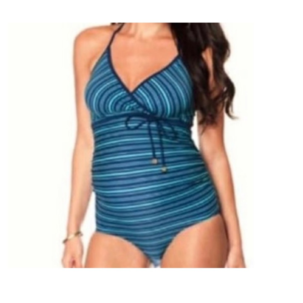 Motherhood Baby Bump Maternity Blue stripe  One Piece Swimsuit Size Medium